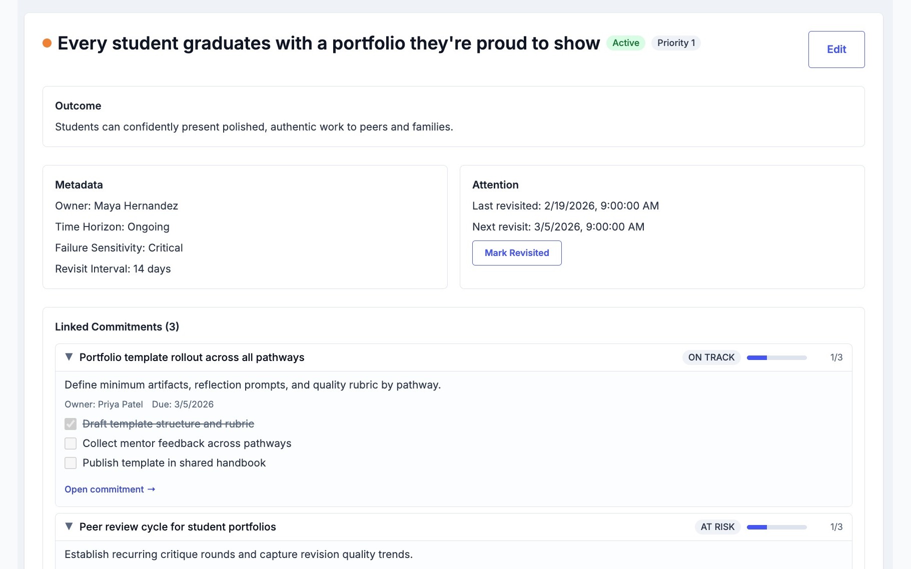 Podz mandate detail with owner, revisit cadence, and linked commitments