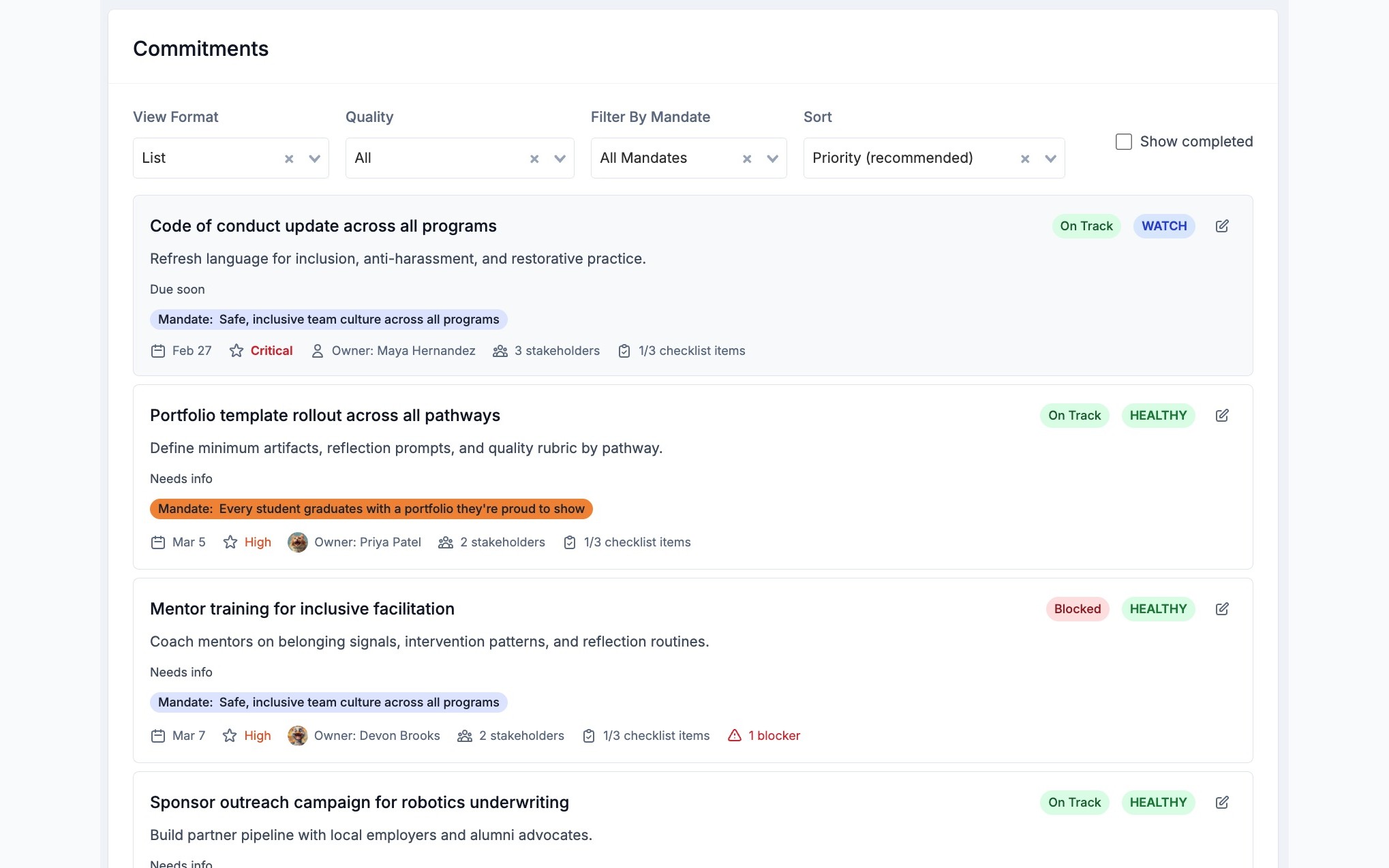 Podz commitments list with health, owners, and checklist progress